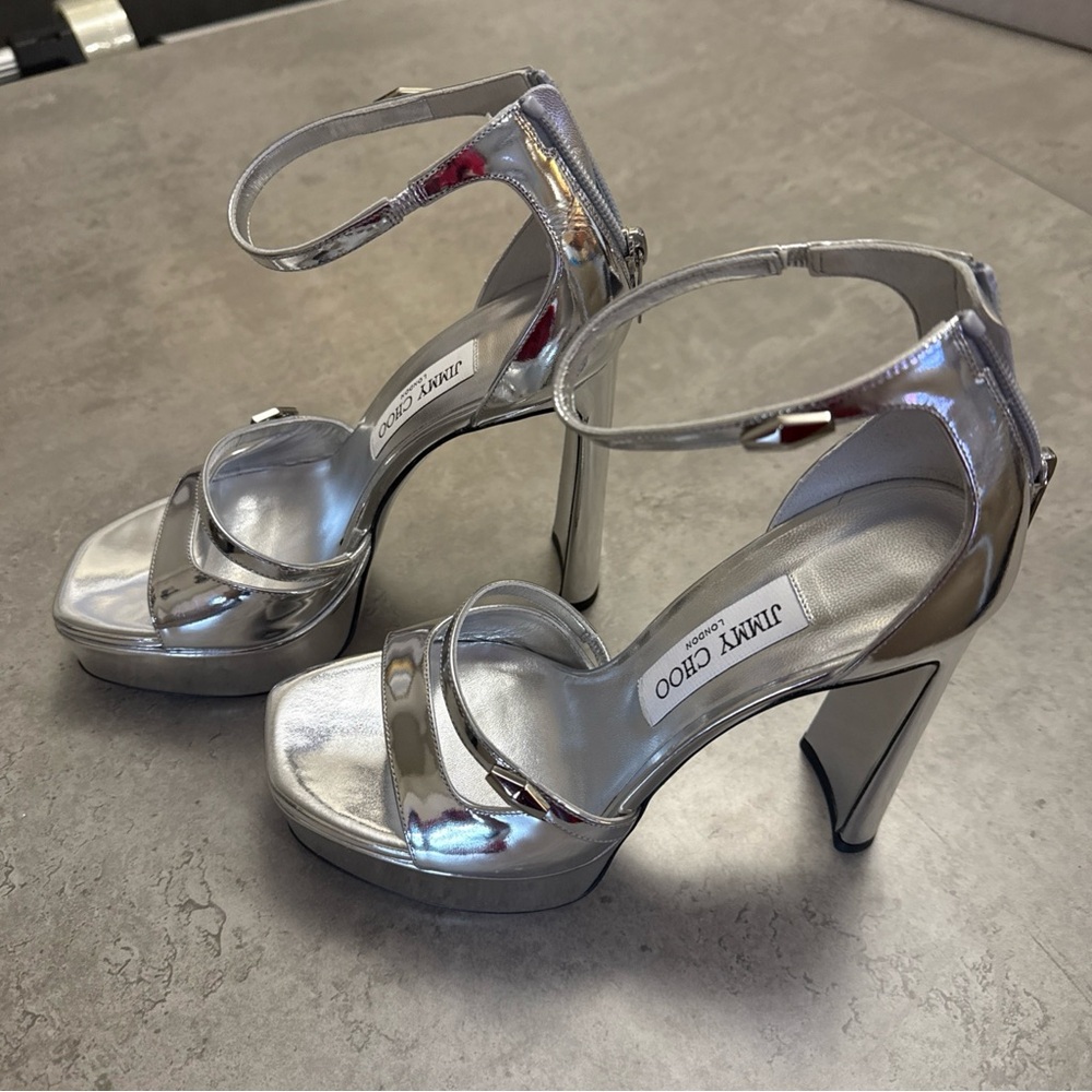 Jimmy Choo Claressa Silver Ankle Strap High Block Heels.